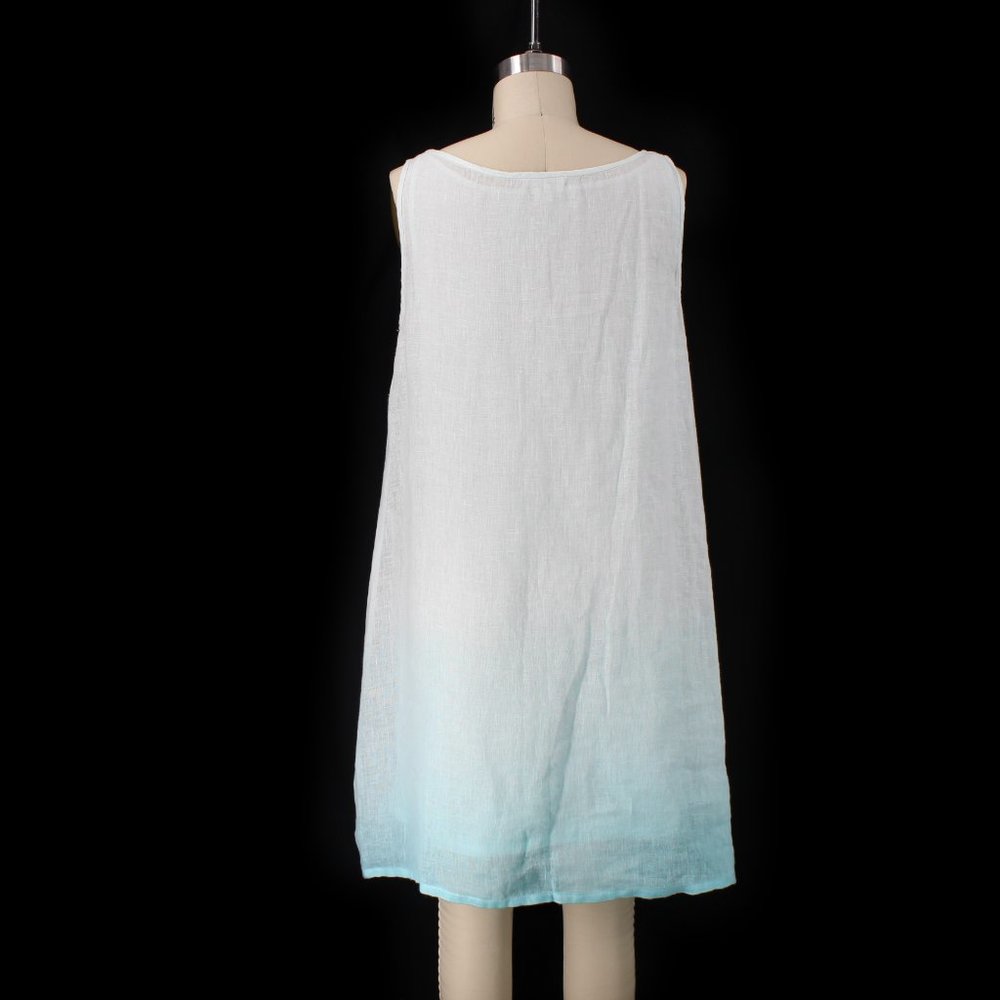 Eileen Fisher Linen Gauze Dress Aqua Blue Ombre A Line Layered Slip Included P - Picture 4 of 15